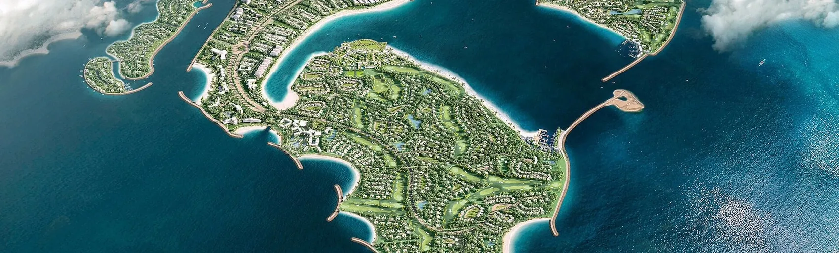 Aerial view of the five Dubai Islands, reclamation complete