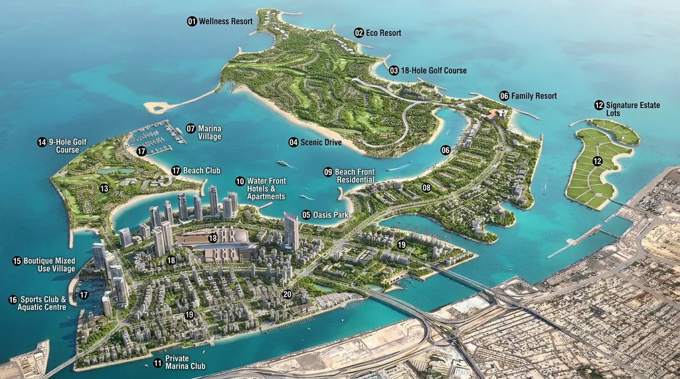Dubai Islands master plan, twenty-one numbered zones across the five islands